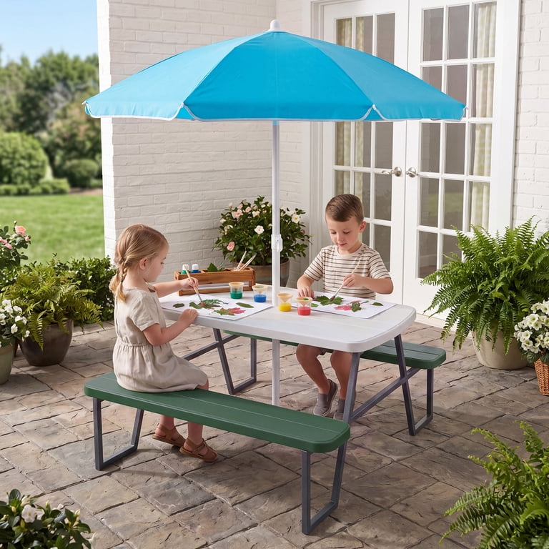 kids patio table with umbrella JOYMOR Picnic Set Cushions Outdoor Wooden Table Bench Natural Walnut one_size This kids patio set is crafted from HDPE material Best Choice Products Outdoor Wooden