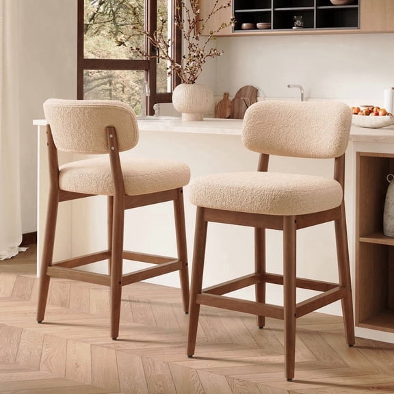 Hawsaiy Counter Height Bar Stools Set of 2, Mid Century Modern Boucle Barstools with Solid Wood Frame, Upholstered Kitchen Island Stools with Backrest & Footrest, Beige