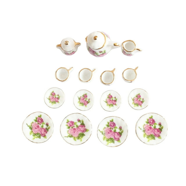 Vogacara Mini juego de vajilla para casa, accesorio, modelo de tetera en miniatura, adorno de cocina, juego de vajilla con diseño de escena de cerámica casas de muñecas Rosa Vogacara FN010985-02B