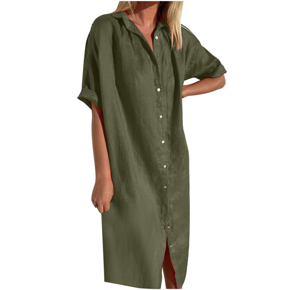 Efsteb Casual Dresses For Women Spring V-Neck Button Cotton Linen Shirt Dress Resort Dress Loose Fit Short Sleeve Solid Color ,Size:6
