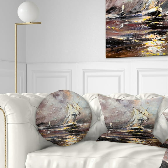 Designart Vessel in Stormy Sea - Seascape Throw Pillow - 12x20