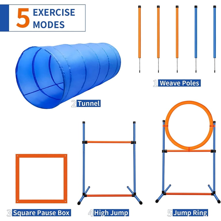 Dog Agility Training Set - 60-Piece Obstacle Course With Tunnel, Hurdles, Weave Poles, Pause Box