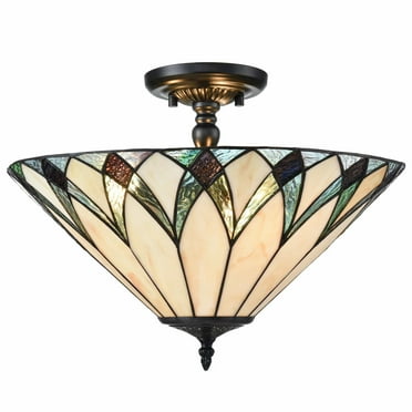 3-Light Tiffany Style Semi Flush Mount Light with Bowl Stained Glass Shade