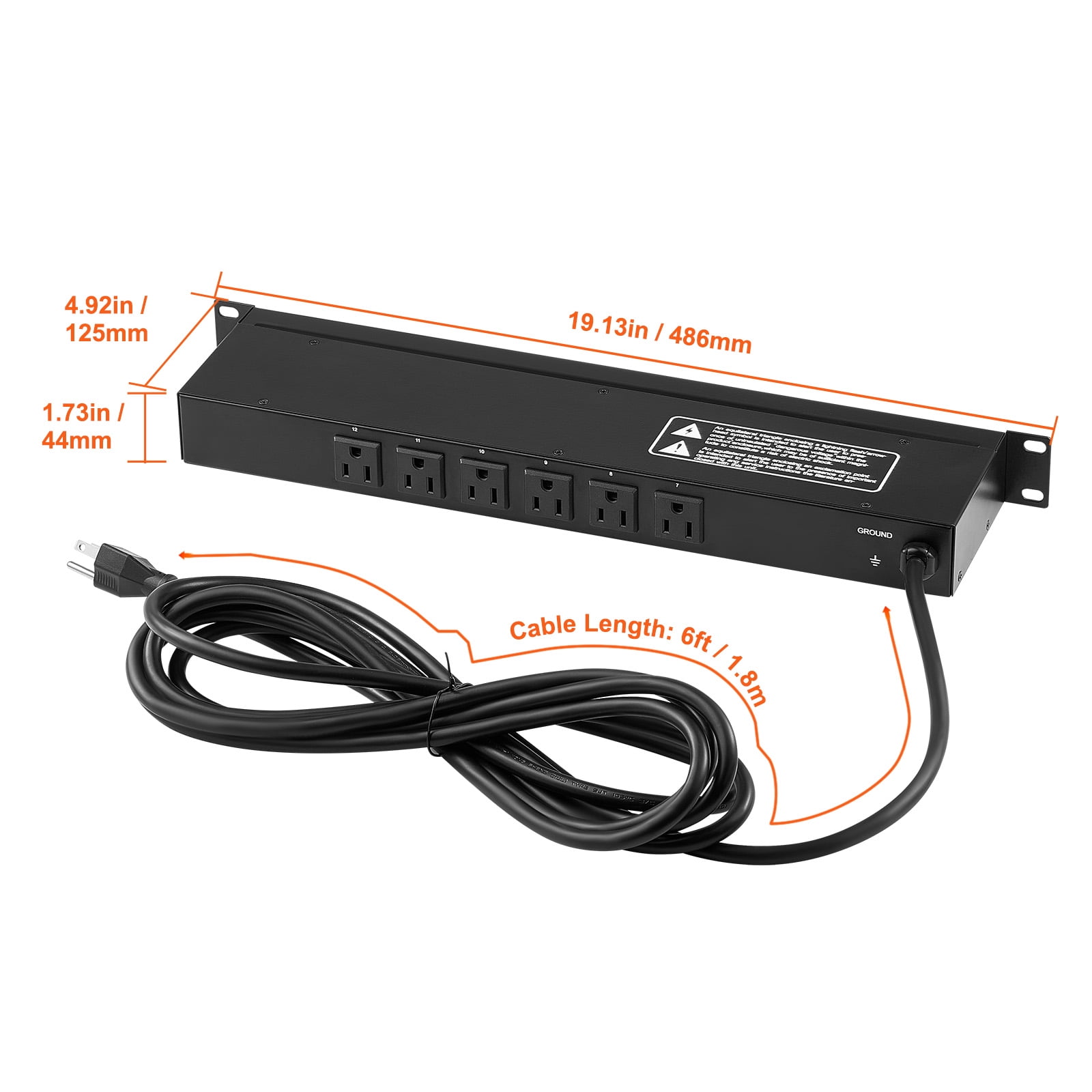 VEVOR 1U PDU, 12 Outlets, Rack Mount Power Strip Fits Standard 19" Server Racks, with Integrated Switch Surge Protection & Overload Protection, 110-125V/15A, Ideal for Home and Office