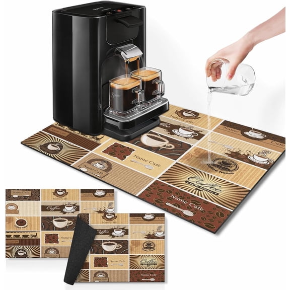Coffee Mat for Countertops, Coffee Cup Tea Vintage Dish Drying Mat 2 Pcs for Kitchen Coffee Bar Accessories, Coffee Maker Espresso Machine Dish Rack Hide Stain Rubber Backed 12x19In