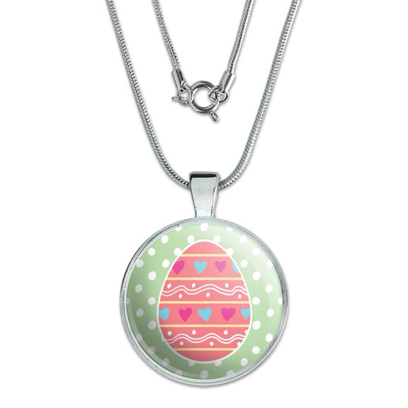 Cute Easter Egg Pink with Hearts 1" Pendant with Sterling Silver Plated Chain