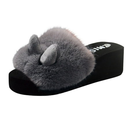 

asdoklhq Womens Shoes Clearance Under $20 Beach Rabbit Ear Slip-on Open Toe Wedges Warm Winter Slipper Shoes
