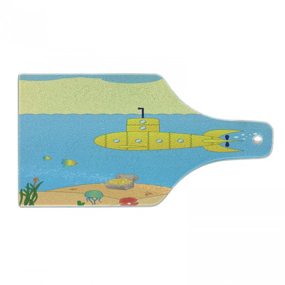 Yellow Submarine Cutting Board, Cartoon Under Sea Adventure Jellyfish Treasure Chest Seagull Fish, Tempered Glass Cutting and Serving Board, Wine Bottle Shape, Blue Yellow Beige, by Ambesonne