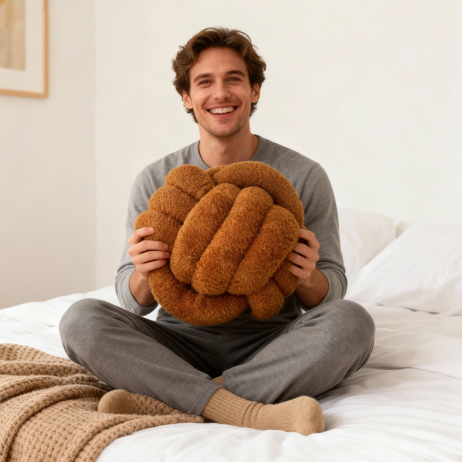 Knot Pillow Ball Plush - Decorative Throw Pillows for Bed Stress Relief, Round Knot Cushion for Sofa Decor Pet Toy, Brown 12 Inch