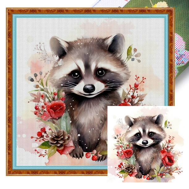 Kit Punto Cruz Mapache Impreso Hilo Algodón Ecológico Bordado 11CT 40x40cm