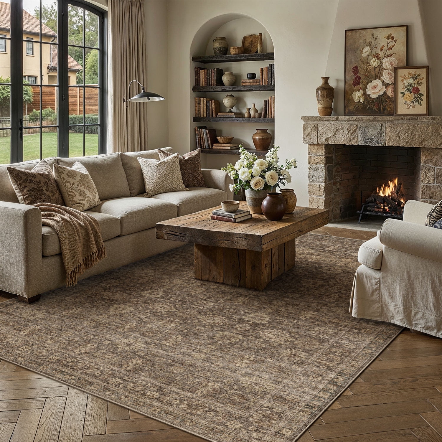 BERTHMEER 8'x10' Area Rugs for Living Room Bedroom Office Dining Room Farmhouse Oriental Non Slip Vintage Traditional Floral Rugs Carpets,Golden Brown
