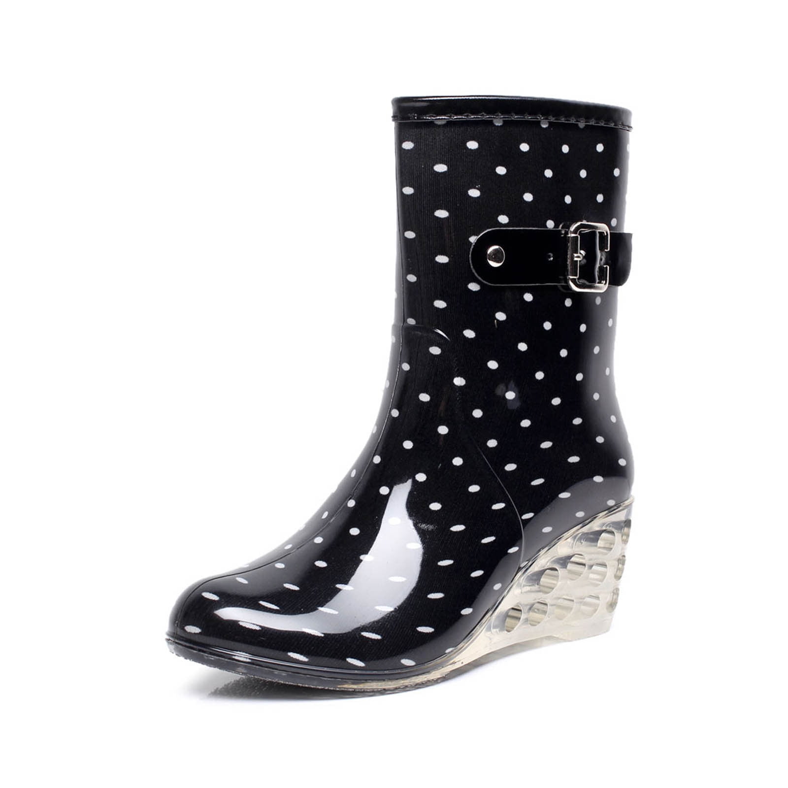 Cameland Buckle Side Zipper High Heeled Transparent Mid Tube Wedge Heel Women Rain Boots Black 37