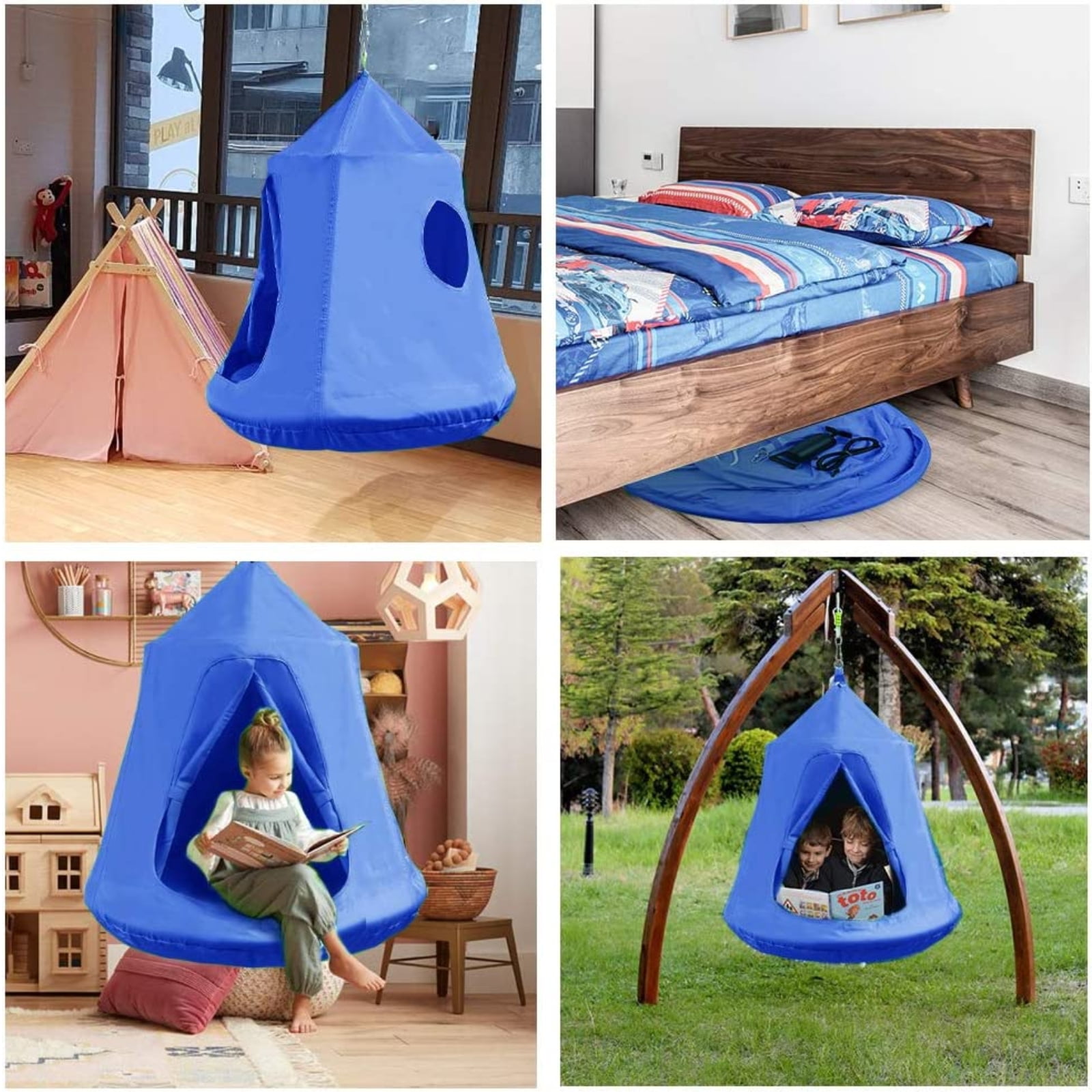 Pirecart Hanging Tree Tent, Indoor Outdoor Swing Hammock with Led Decoration Lights for Livingroom, Yard, Blue