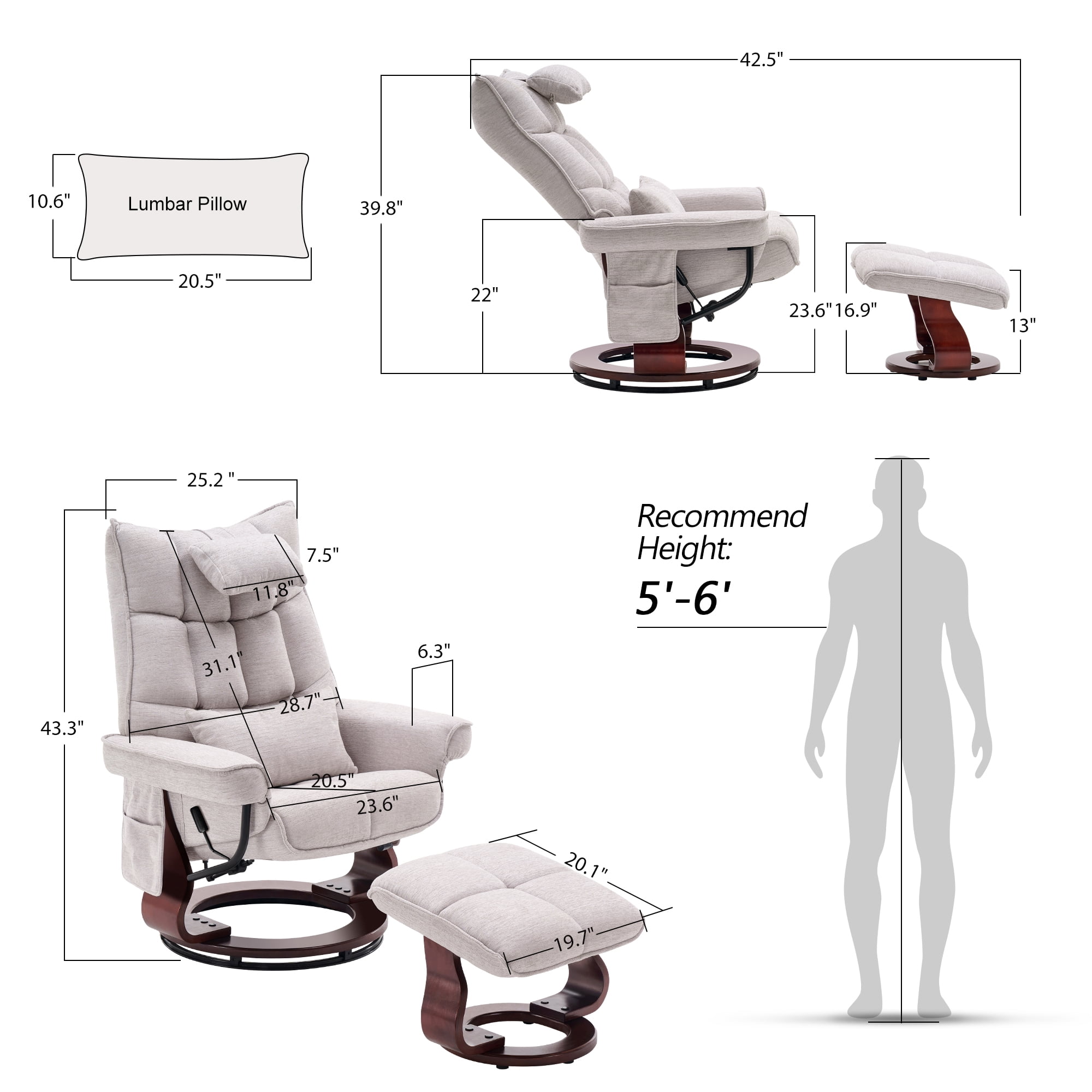 Mcombo Swivel Recliner with Ottoman, Massage TV Chairs with Neck Pillow and Side Pocket for Living Reading Room, Chenille Fabric 4188