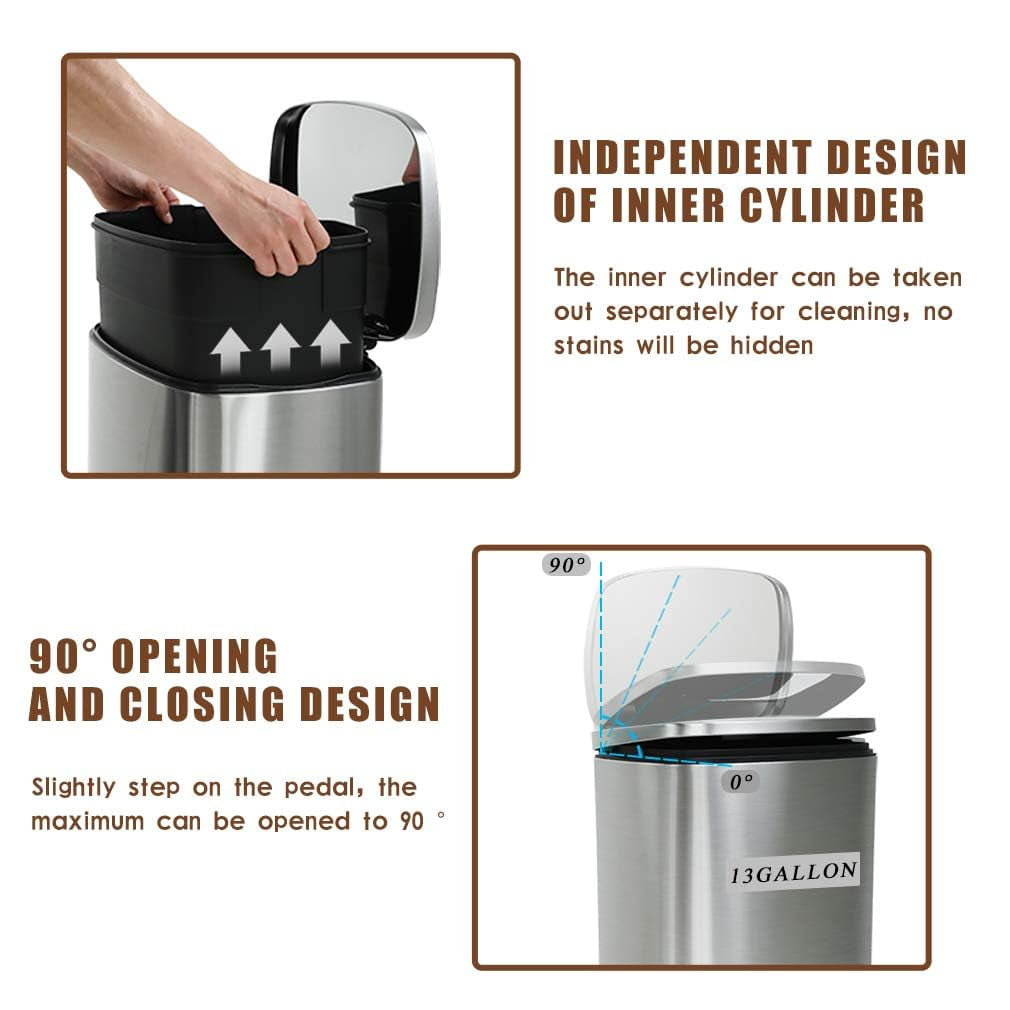 13 Gallon/50 L Garbage Can Kitchen Trash Can with Lid Stainless Steel Trash Bin for Office Bedroom Bathroom, Sliver