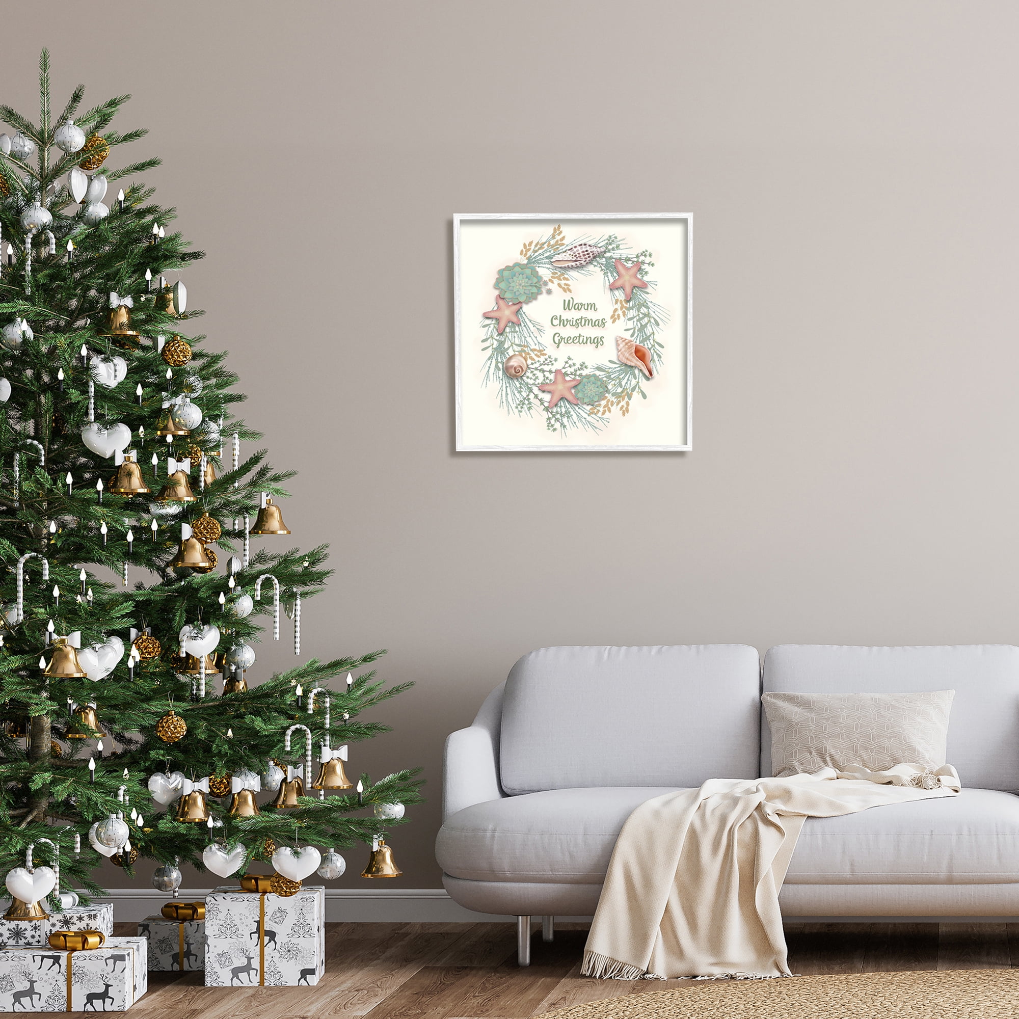 Warm Christmas Greetings Beach Shells Themed Wreath Coastal Graphic Art Framed Art Print Wall Art