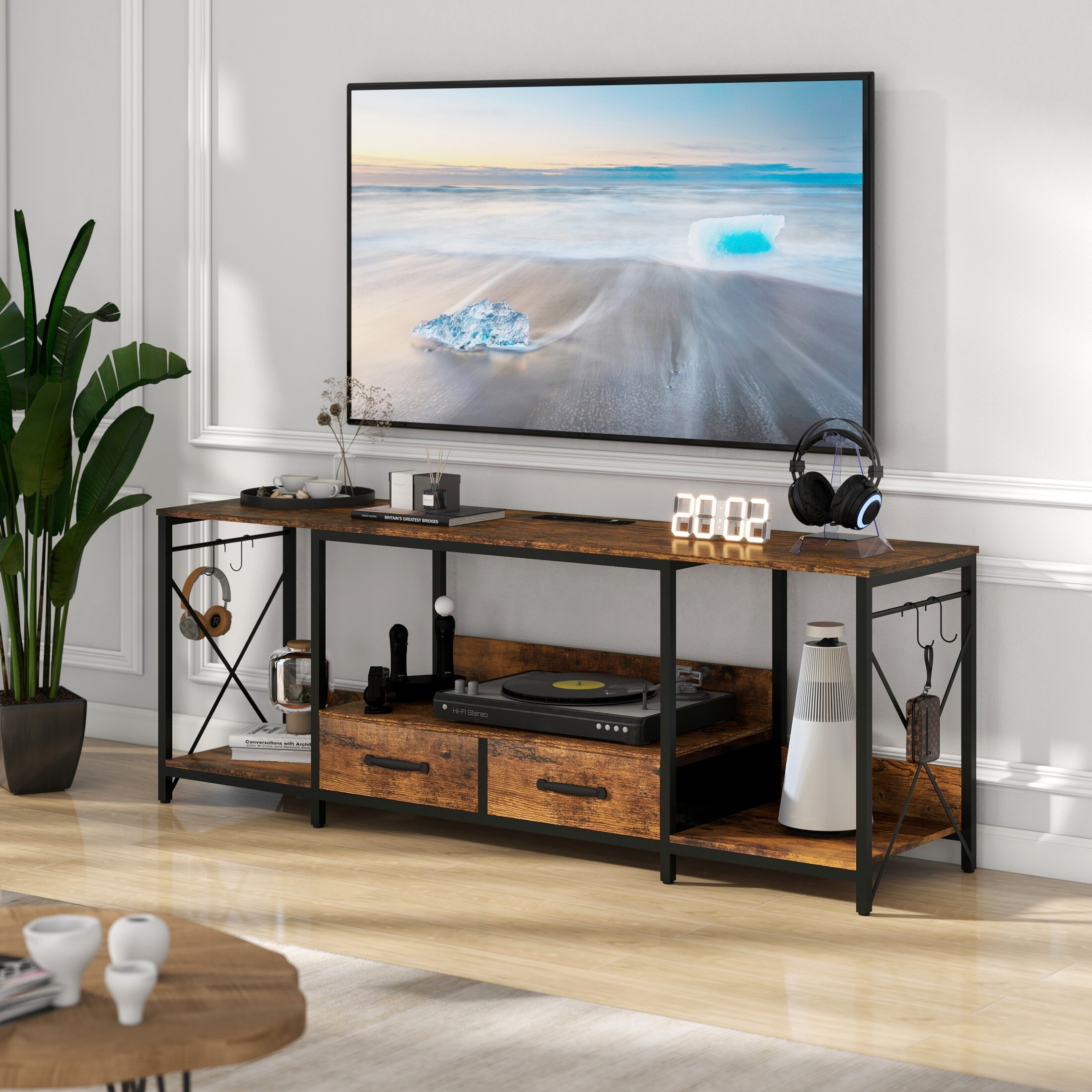DEALTOPS 7-Color LED Lights TV Stand with Charging Stations and Fabric Drawers for TVs Up to 75'', Rustic Walnut