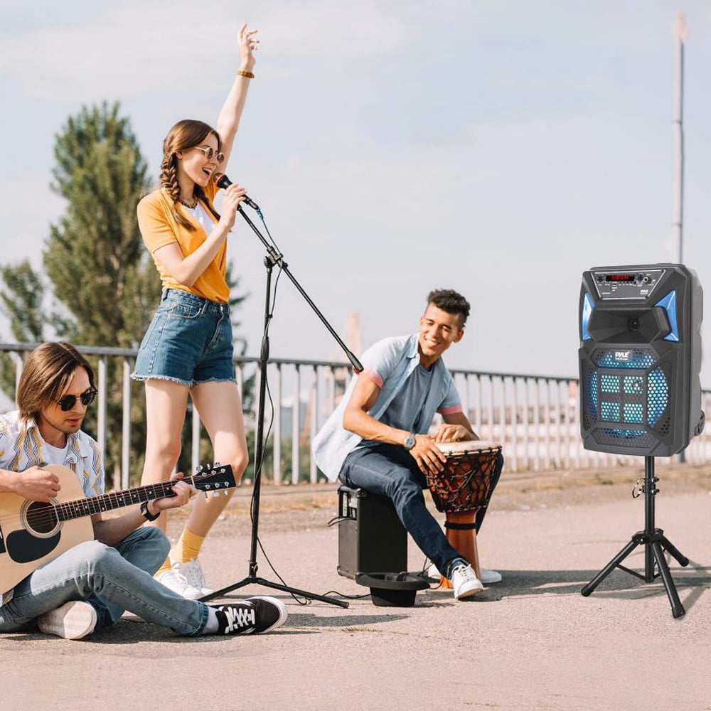 Pyle PPHP82SM - PA Speaker & Microphone System - Portable Karaoke Speaker with Wired Mic, Built-in LED Party Lights, Speaker Stand (8’’ Subwoofer, 400 Watt MAX)