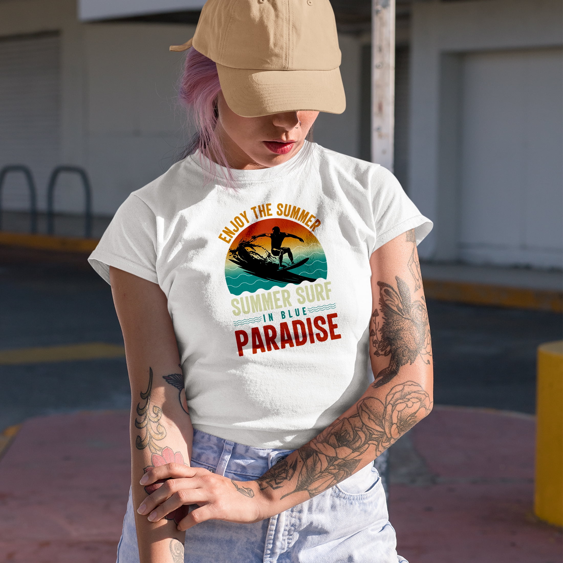 Enjoy the Summer, Summer Surf in Blue Paradise, Heather Grey T-Shirt, Medium