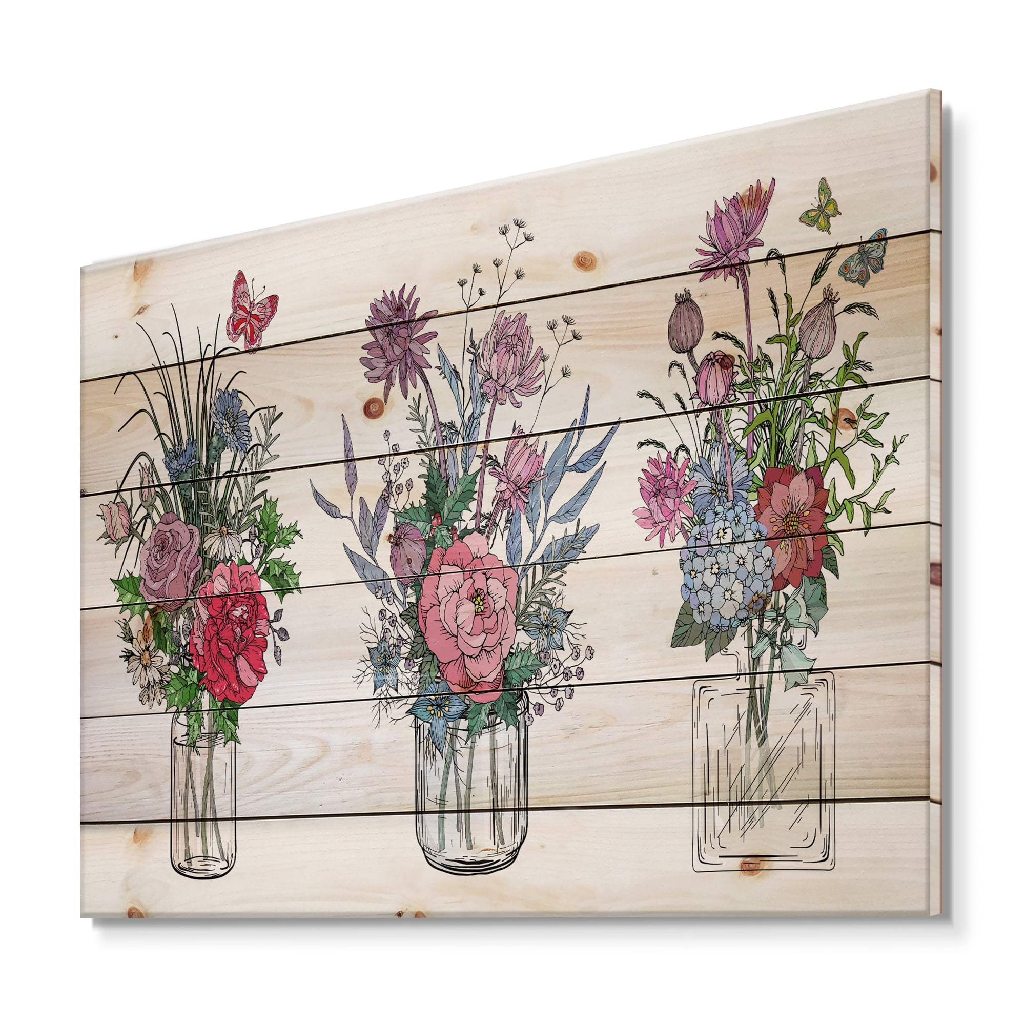 Designart 'Transparent Vases With Bouquets of Wildflowers I' Farmhouse Print on Natural Pine Wood