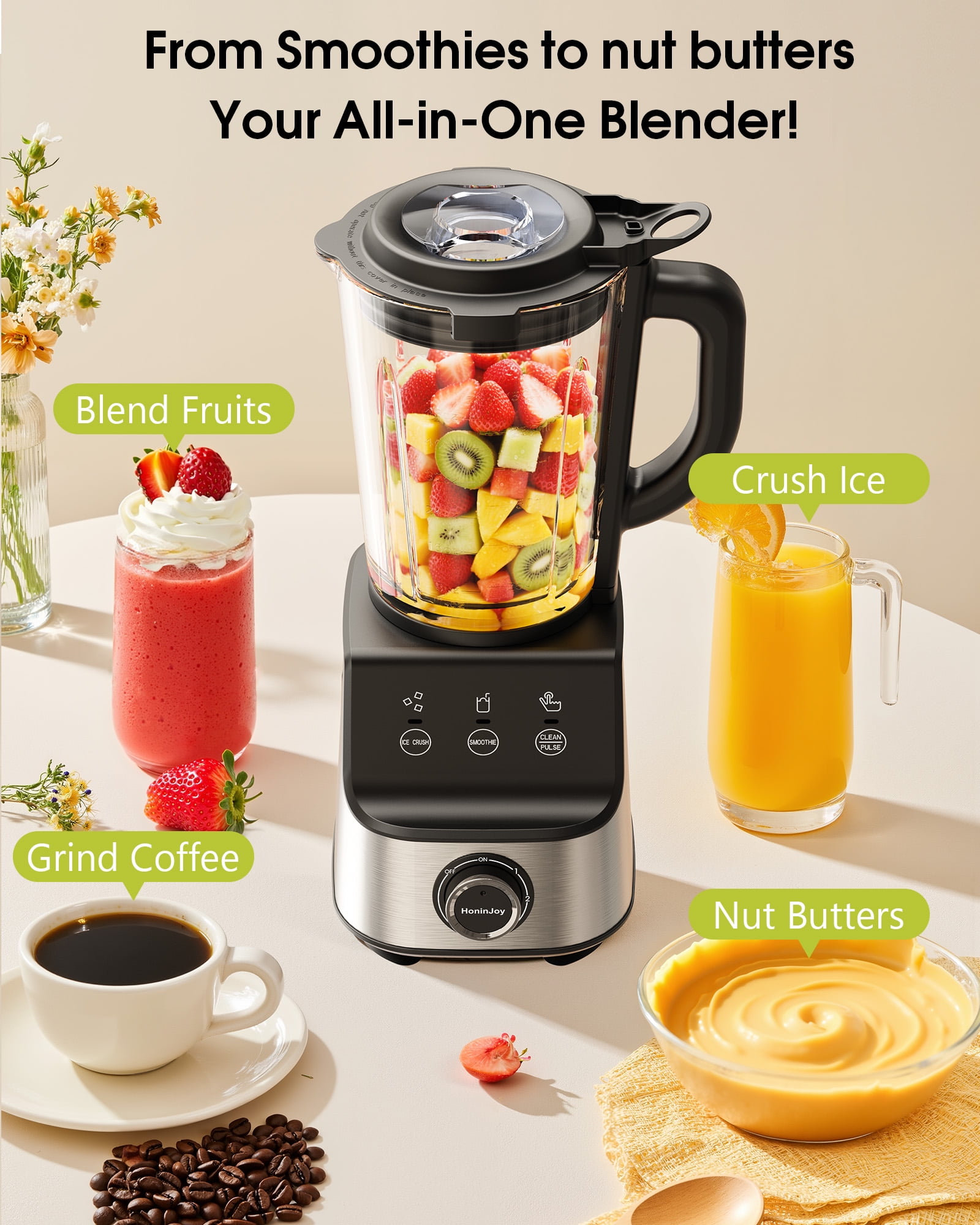 Open Box HoninJoy Kitchen Smoothies Blender, 51 Oz Large Capacity 5 Speeds, Electric Blender With Travel Jar, Grinder, Blender for Fruits, Ice, Coffee Bean