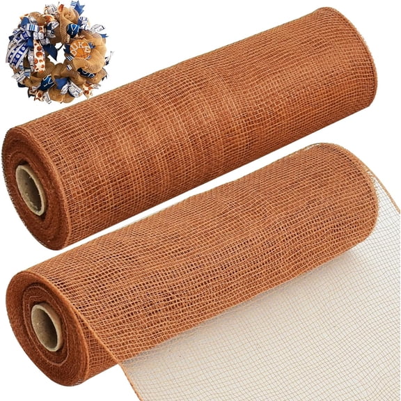 2 Rolls 10 Inch Brown Decorative Mesh Ribbbon Rolls, Fabric Mesh for Mesh Wreath Supplies, Front Door Wreath Crafts Tree Decor Christmas NewYears Halloween Decoration (10 yds/roll)