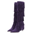 thumbnail image 2 of YDN Women Layer Tassel Pointed Toe Moccasin Boots Knee High Stiletto Mid Heels Western Themed Party Dress Shoes Size 7 Purple, 2 of 4