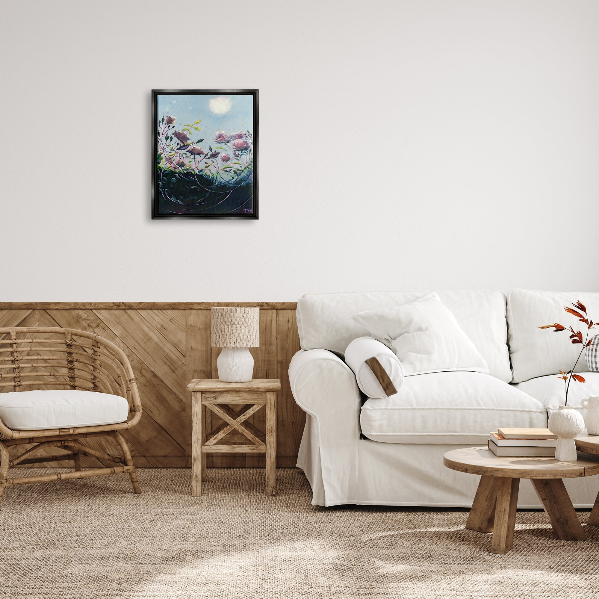 Stupell Industries Surreal Intertwining Flower Stems Modern Sky Landscape Painting Jet Black Floating Framed Canvas Print Wall Art, Design by Lisa Timmerman