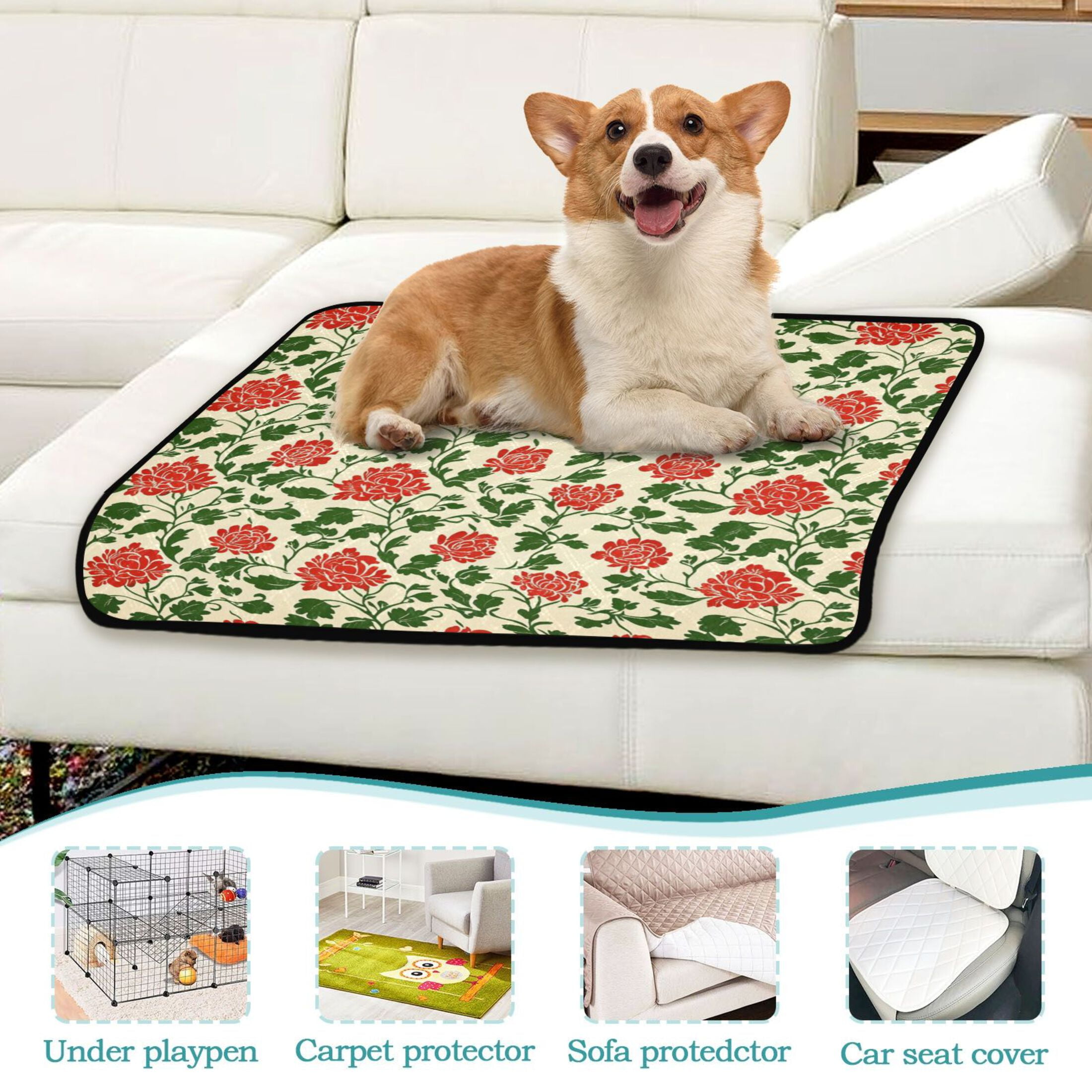 Qxltty Vintage Red Floral Pattern Cat litter Pads Pet Set of 2 Diaper Mats Center Anti-leakage Layer Absorbent Soft and Comfortable