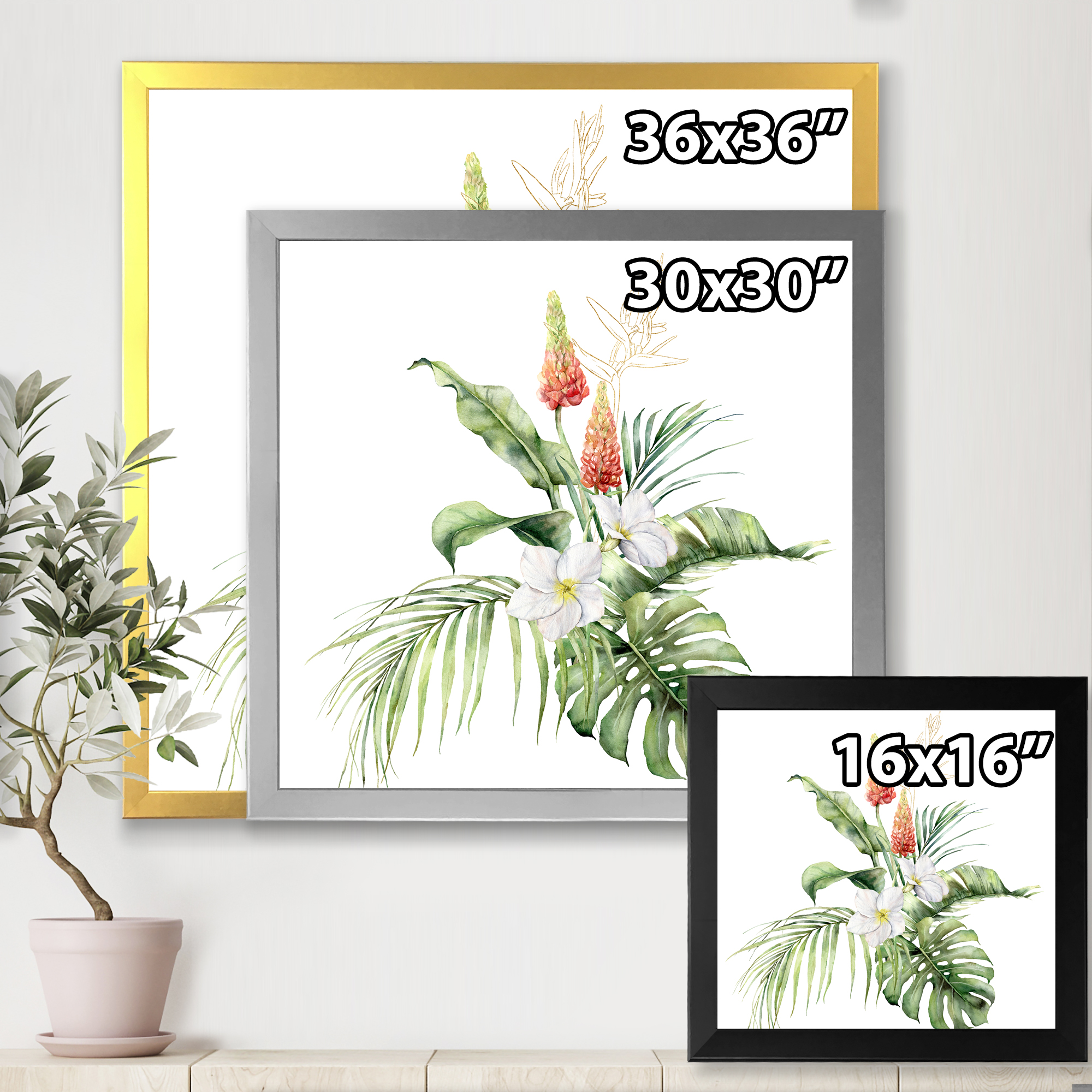 Designart 'Tropical Bouquet With Plumeria Lupine Palm Leaves' Traditional Framed Art Print