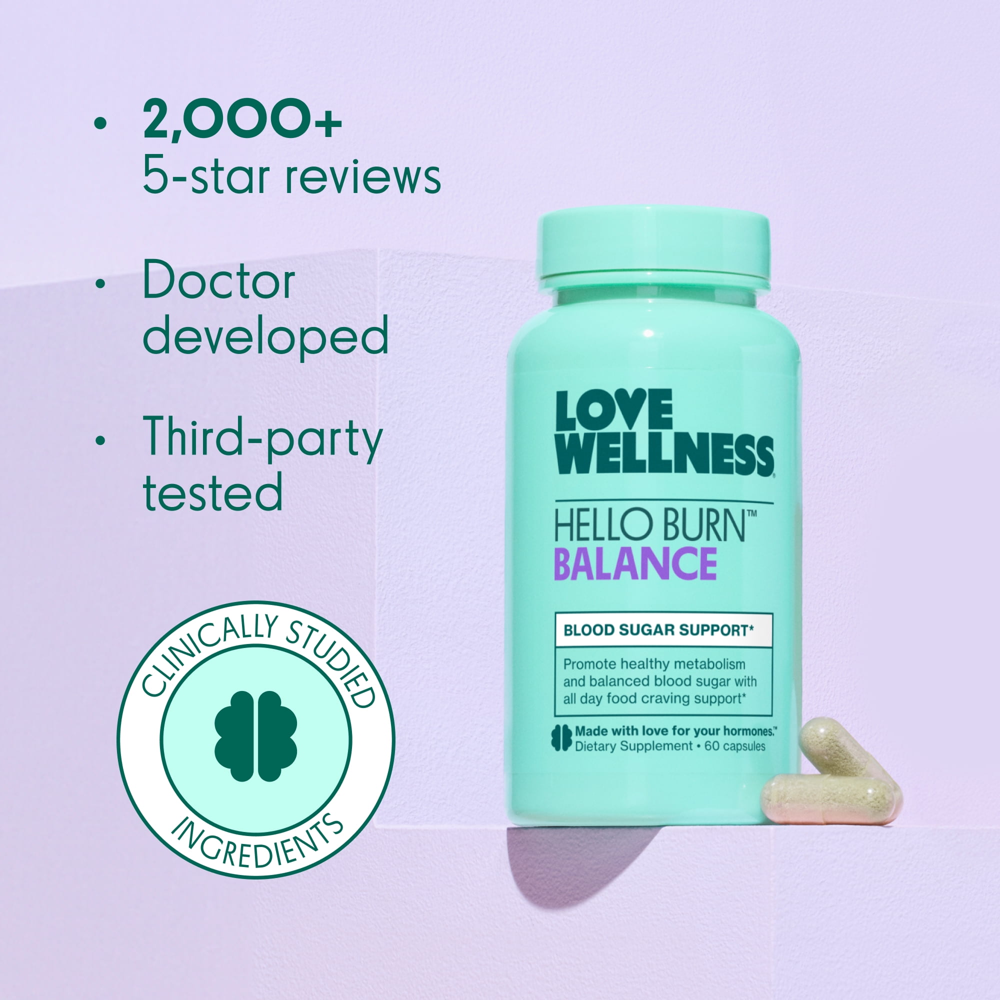 Love Wellness Hello Burn Balance, Blood Sugar Support & Promotes Healthy Eating Habits, 60 Count