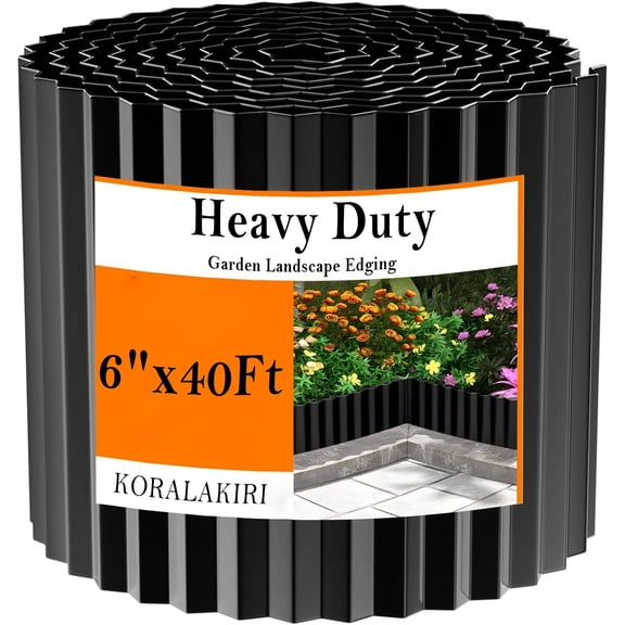 40FT Galvanized Steel Landscape Edging Roll, 6" Tall Sturdy Flexible Corrugated Metal Lawn Border for Garden, Pathway & Flower Beds, Black