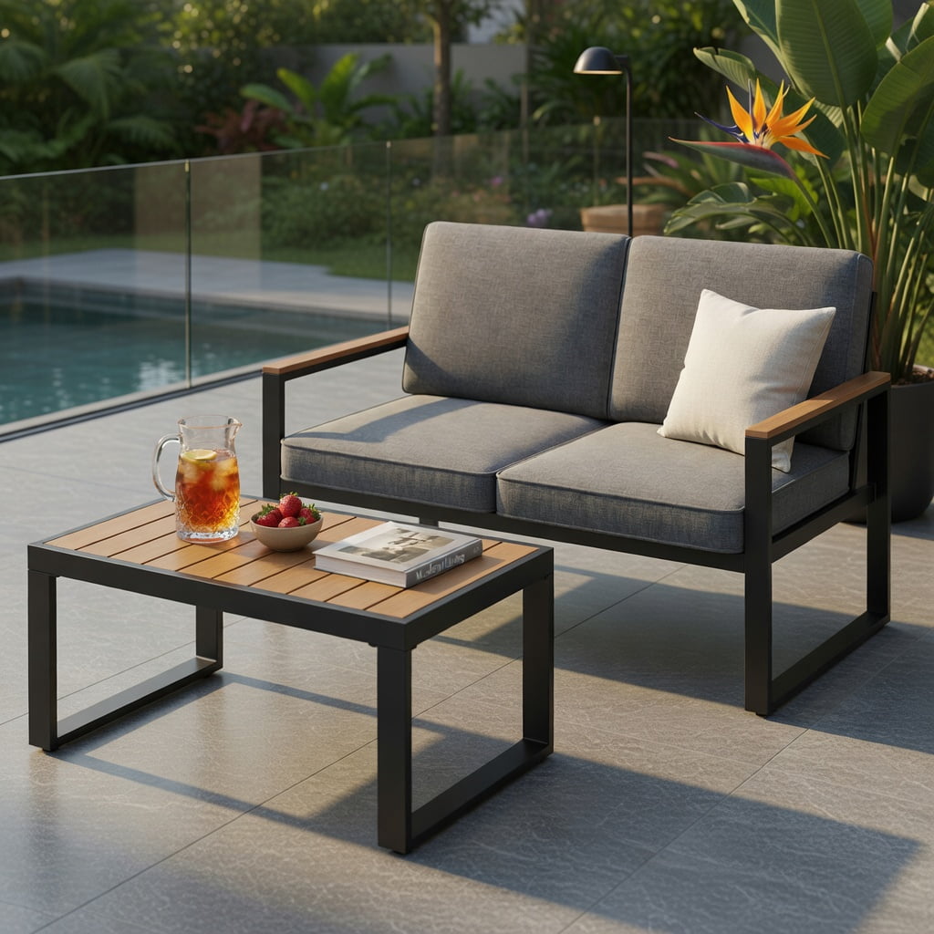 Hommoo 2-Piece Aluminum Patio Furniture Set, Cushioned Loveseat & Coffee Table with Wood-Plastic Armrests and Tabletop, Rust-Resistant Outdoor Seating for Backyard, Porch, Poolside, Gray
