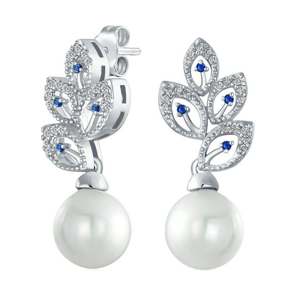 Bling Jewelry Womens Bridal Vintage Dangle Chandelier Earrings with CZ Leaf & Simulated Pearl Drop