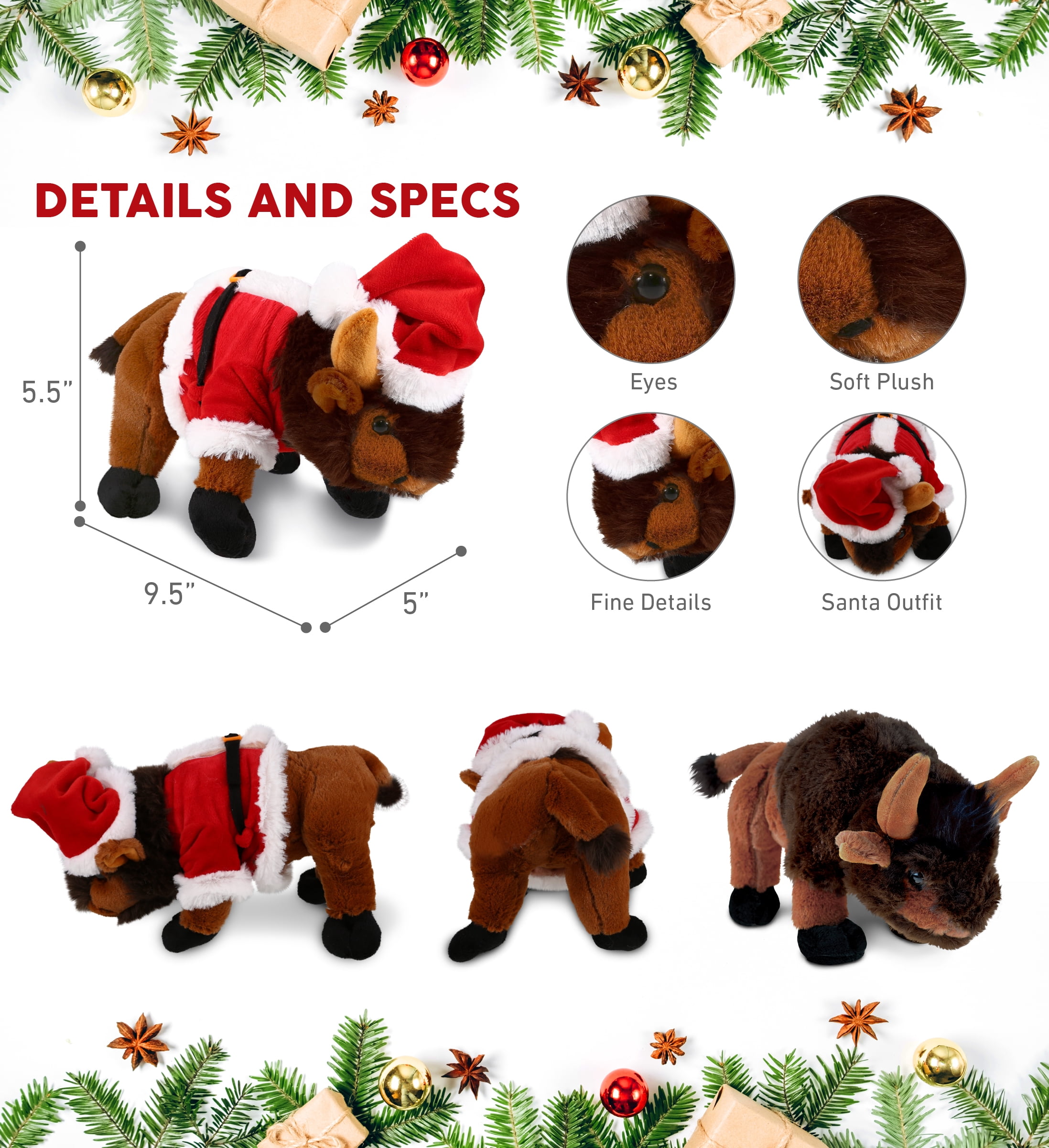 DolliBu Santa Wild Buffalo Stuffed Animal Plush Toy - Super Soft Wild Animal Dress Up with Red Santa Claus Outfit, Wildlife Holiday Christmas Gift - 9.5 Inches