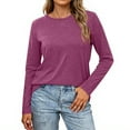 thumbnail image 2 of Women’s Solid Color Long Sleeve Shirt – Casual Round Neck Pullover Top, Soft Polyester Spandex Blend, Comfortable Loose Fit Blouse for Daily or Work Wear Dark Purple, 2 of 4