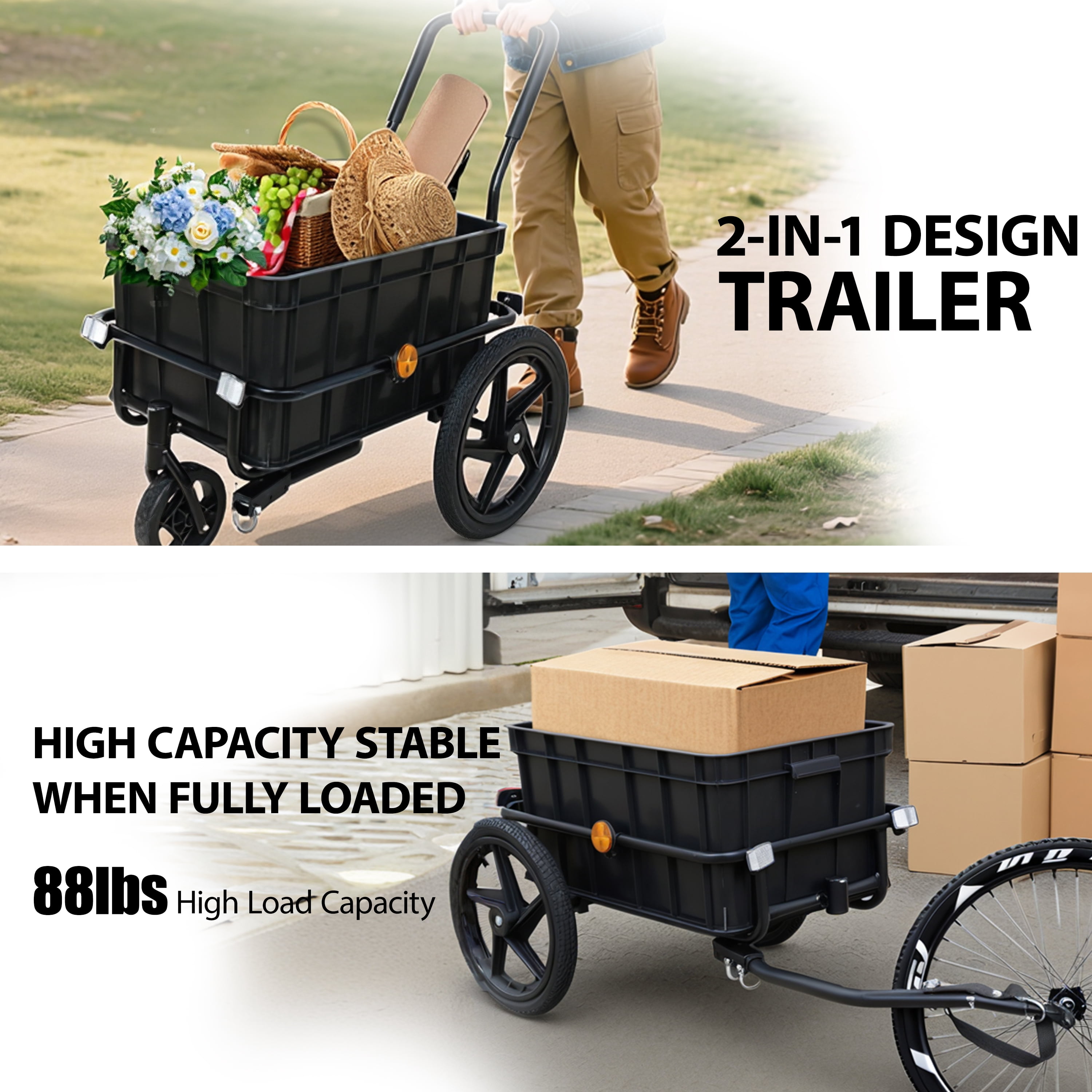 2-in-1 Bike Cargo Trailer Pushcart, Bicycle Trailer with Removable Box and Waterproof Cover, Black, Pushcart Stroller with Tow Hitch and Removable Handlebar, Black