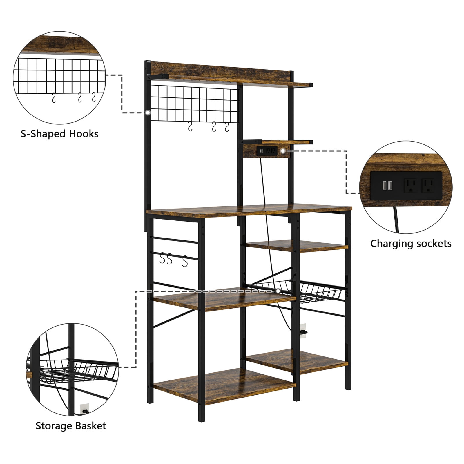 Hommoo Multipurpose Kitchen Storage Rack, Baker's Rack, Microwave Stand, Coffee Bar Station with Hooks and Wire Basket, Rustic Brown