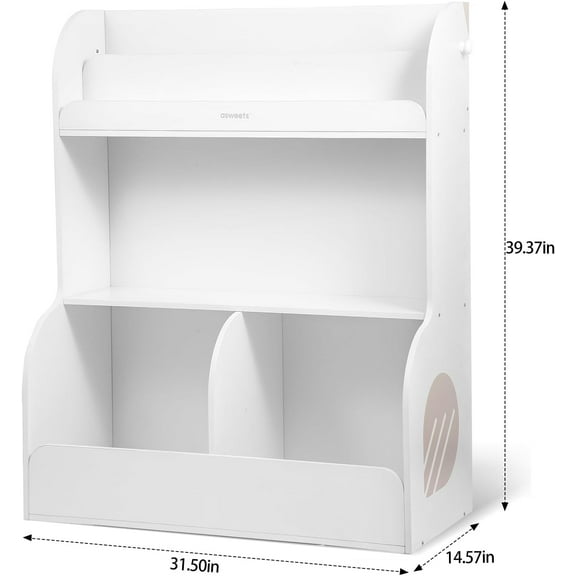 2 in 1 Kids Bookshelf & Montessori Toy Storage Cubby, 3 Tiers Children Wooden Bookcase, Fit for Kids Room, Playroom, Kindergarten, Nursery, 31.5''L x 14.6''W x 39.4''H (White)
