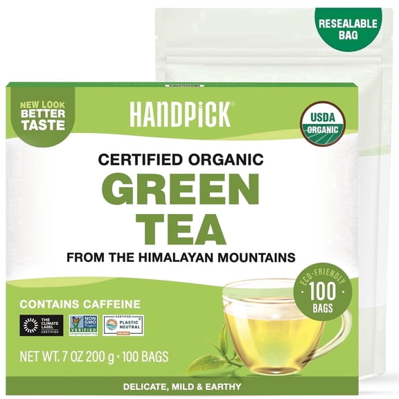 HANDPICK, Organic Green Tea Bags - 100 Eco-Friendly Tea Bags | USDA Organic | Resealable Pack for Freshness | Delicate & Flavory | Direct From India