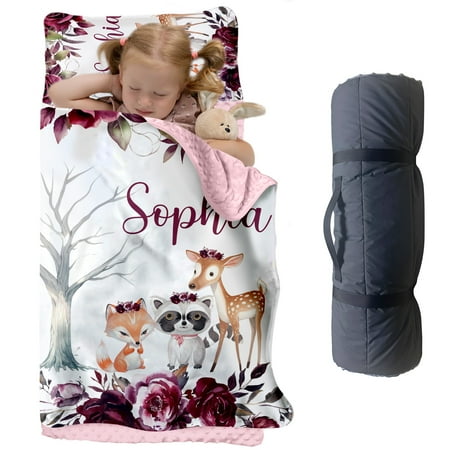 AOLOA Custom Woodland Nap Mat for Toddlers Personalized Forest Animal Sleeping Bag with Nap Blanket Floral Tree Theme Roll Up Mat for Daycare or Preschool