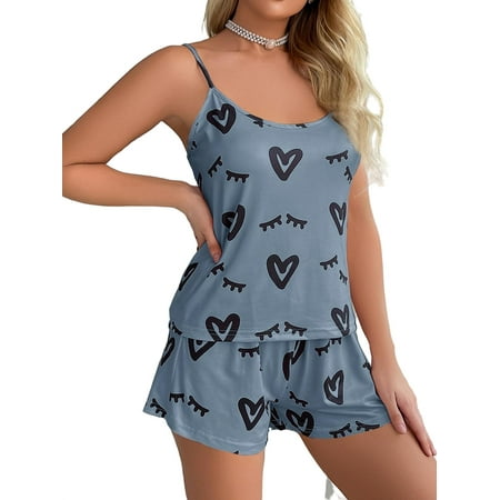 

2pcs Set Cute Cami Short Sets Sleeveless Dusty Blue Women s Pajama Sets (Women s)