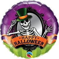 Qualatex Happy Halloween Top Hat Skeleton 18" Foil Balloon, Purple Green