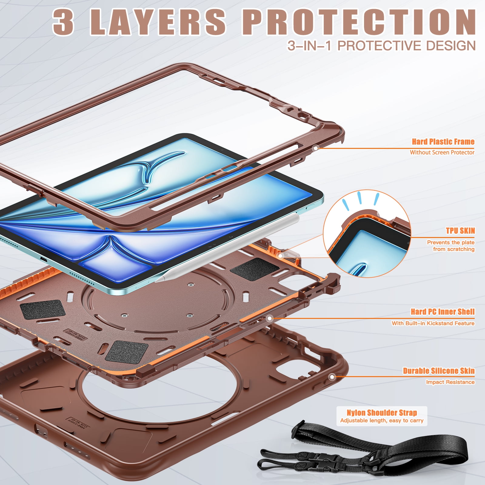 ELEHOLD Case for Apple iPad Air 11 (2024), Portable Hybrid Shockproof iPad Case with Pencil Holder & Hanging Ring Handle Rotatable Kickstand,Chocolate