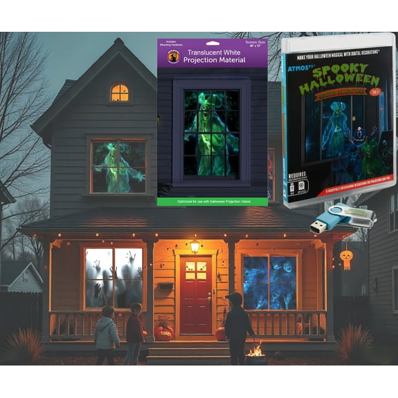 Reaper Brothers Spooky Halloween Digital Decoration Kit Includes 8 AtmosFX Video Effects for Halloween Plus 48” x 72” Holographic Projection Screen