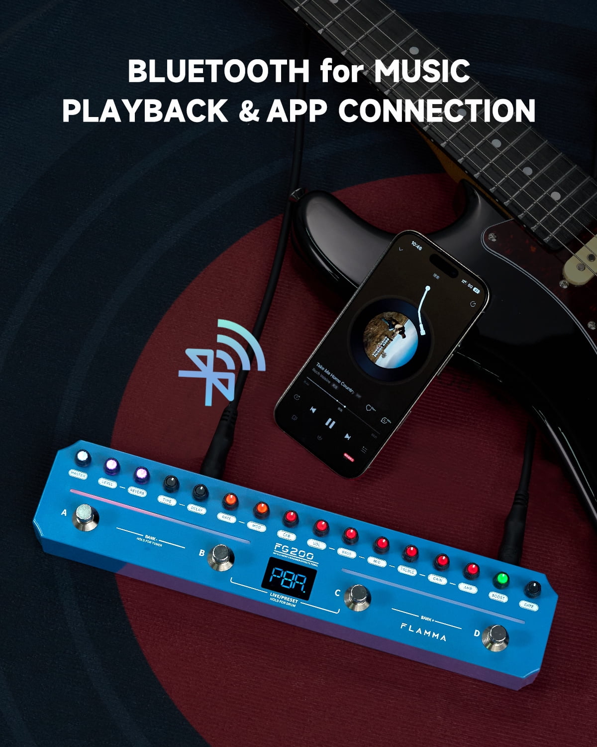 FLAMMA FG200 Intelligent Multi-Effects Processor Pedal with 52 AMP Models 5 BOOST Models 16 CAB Simulations 7 Effects Modules 9 IR Slots 40 Presets 40 Rhythm Styles Support APP OTG