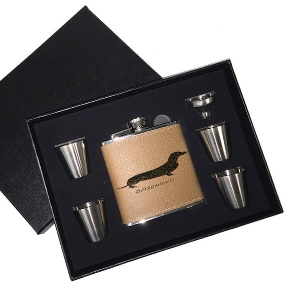 KuzmarK 6 oz. Leather Flask Set in Black Presentation Box -  Daschund Daschund Camouflage