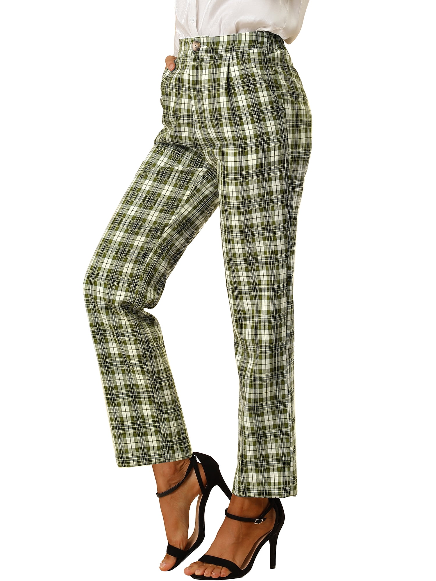 DARING DIVA Women's Plaid Trousers Pockets Straight Leg Casual Pant S Green