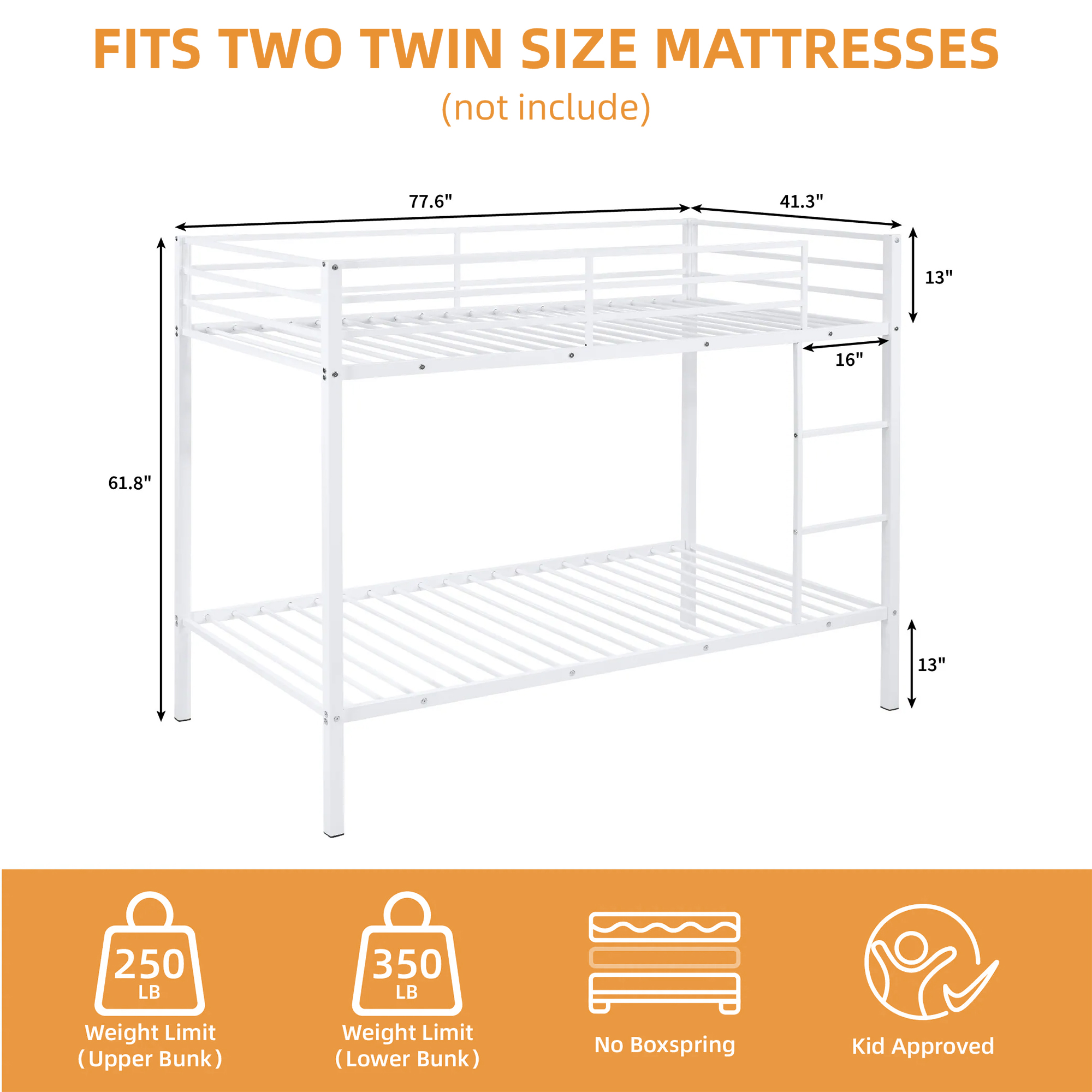 Aukfa Metal Bunk Bed Twin Over Twin, High Guardrail and Metal Slats, Space-Saving Bed Frame for Kids Teens, White