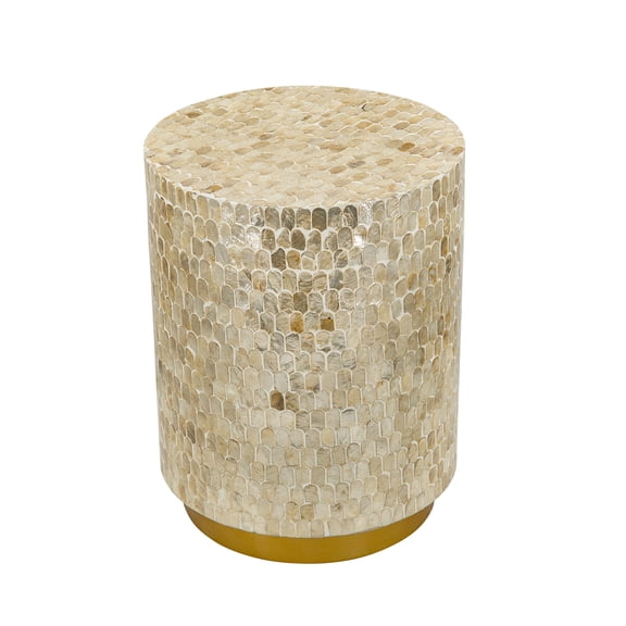 A&B Home Cylindrical Accent Stool with Gold and Black Capiz Shell Finish and Pedestal Base D14x18"